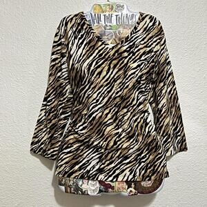 Jones New York Sport Y2K 2000s Brown Black Tiger Print Long Sleeve Blouse Sz XL